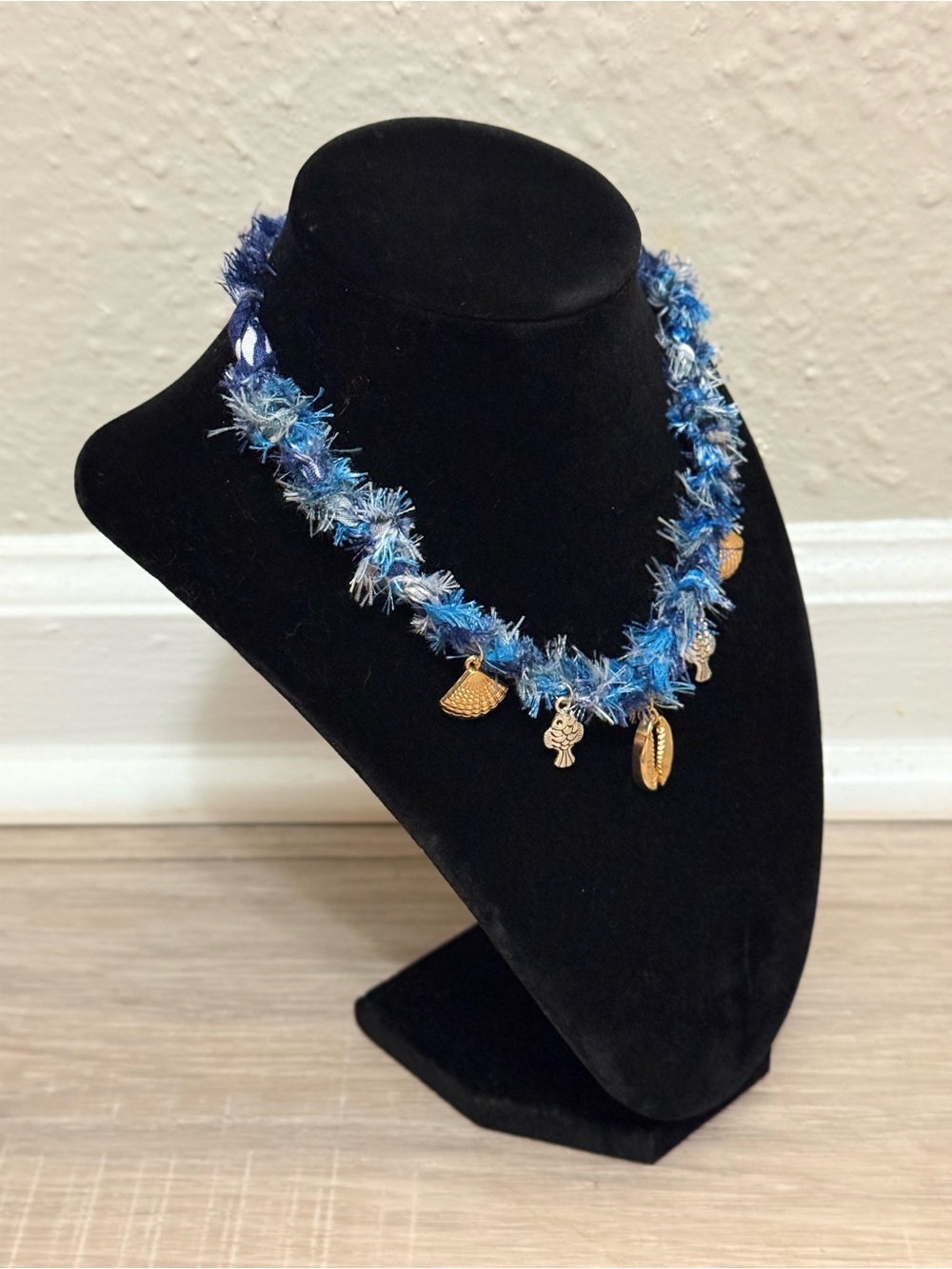 Handmade Blue Bandana Shell Charm Necklace with Gold Accents - Picture 2 of 3